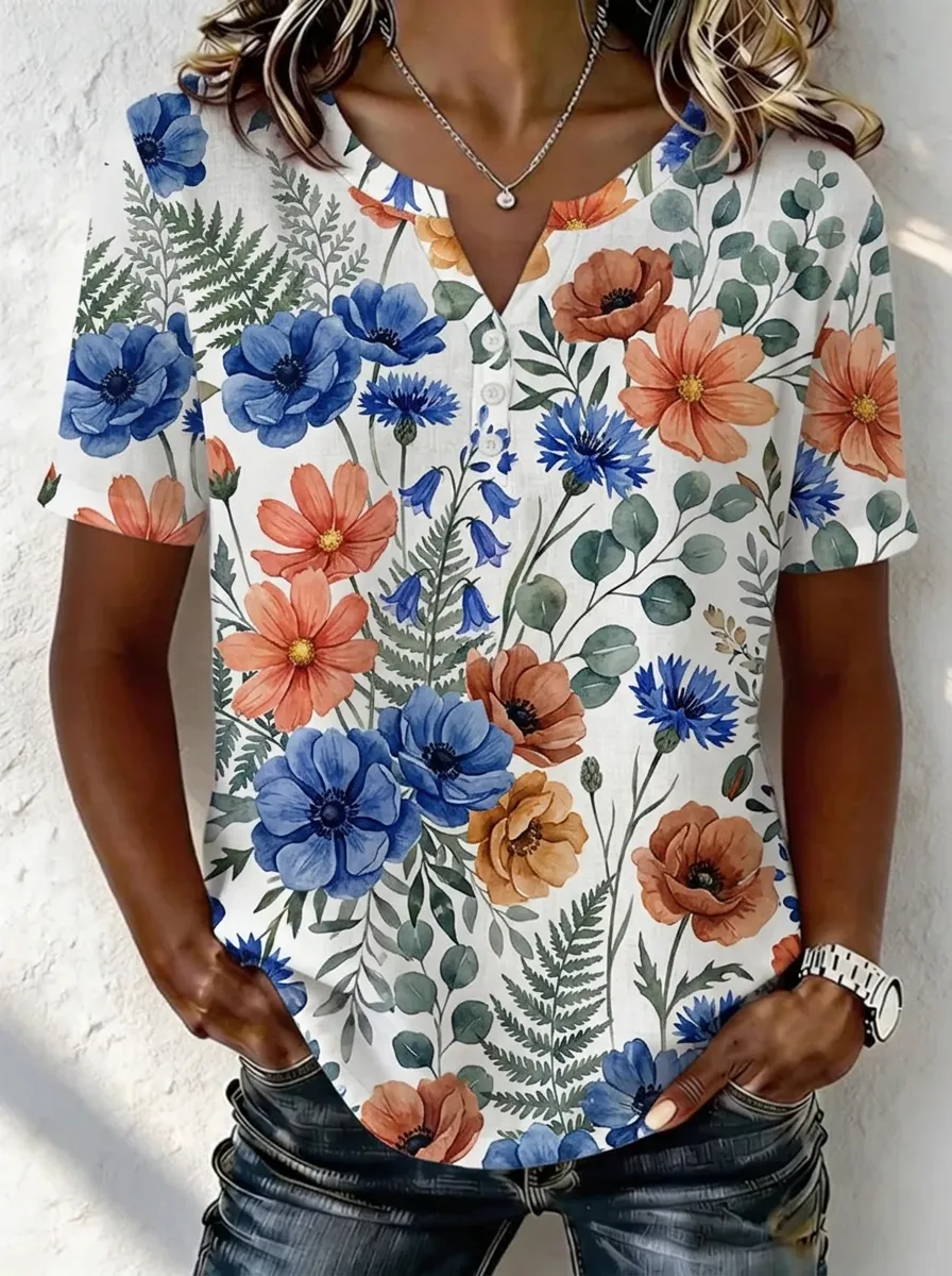 Women's Nashville Botanical Floral Printed V-neck Top