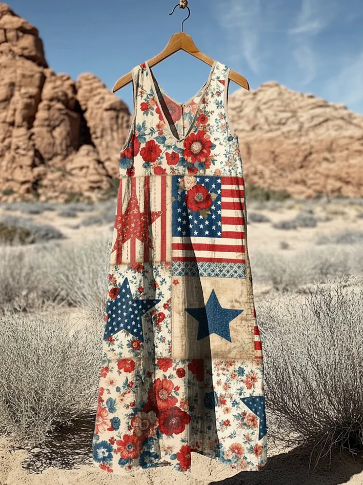 Women's Vintage Independence Day Flag Print V Neck Tank Midi Dress