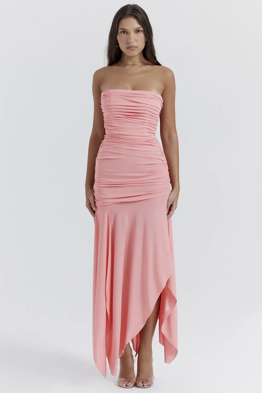 PINK GATHERED ASYMMETRIC DRESS