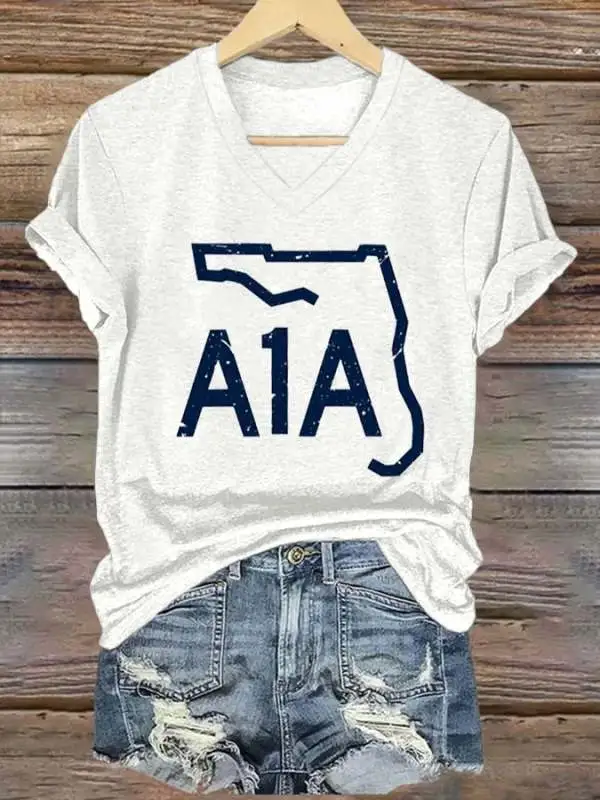 Women's V-neck short-sleeved printed T-shirt