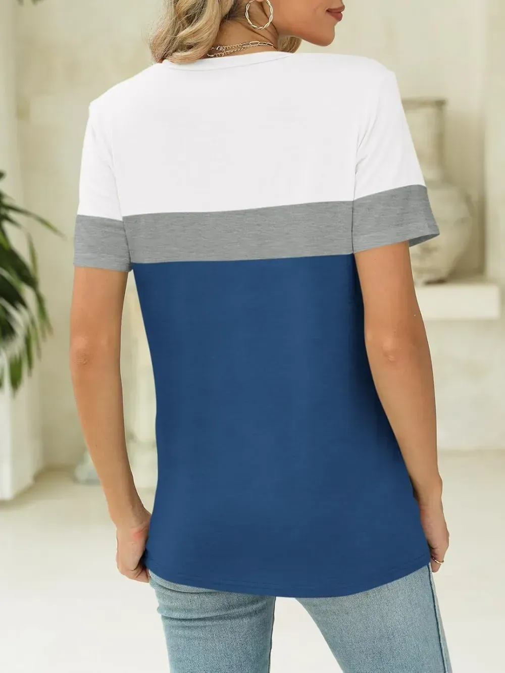 ORANDESIGNE Women's Color Block Short Sleeve T Shirts Casual V Neck Summer Tops Tees Loose Fit Blouses