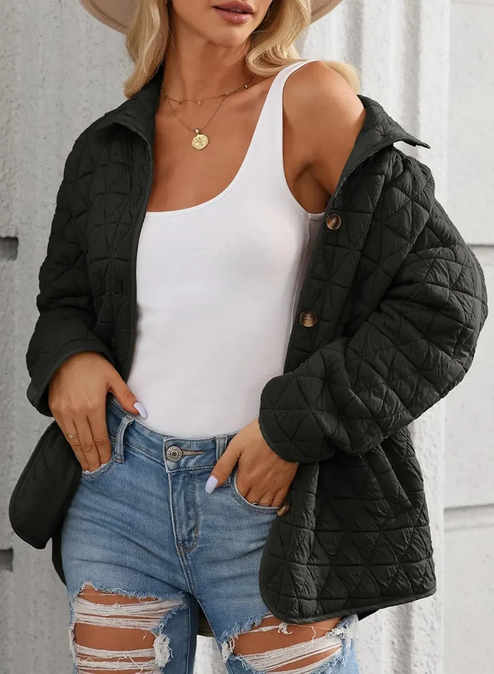 Women's Lightweight Diamond Quilted Jacket Casual Winter Open Front Button Down Puffer Coat Outwear Cardigan