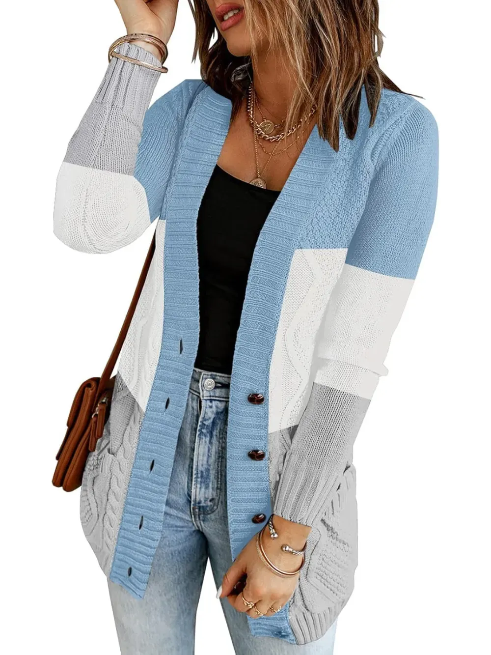 Womens Long Sleeve Open Front Buttons Cable Knit Pocket Sweater Cardigan