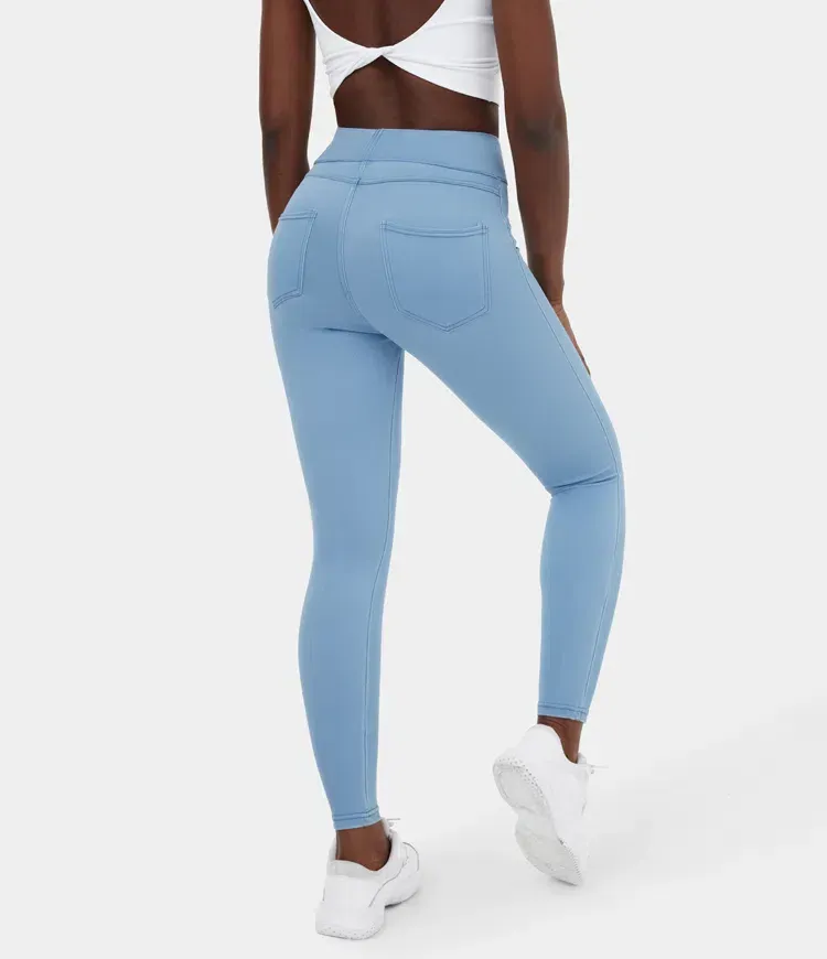 High Waisted Back Side Pocket Stretchy Knit Denim Casual Leggings