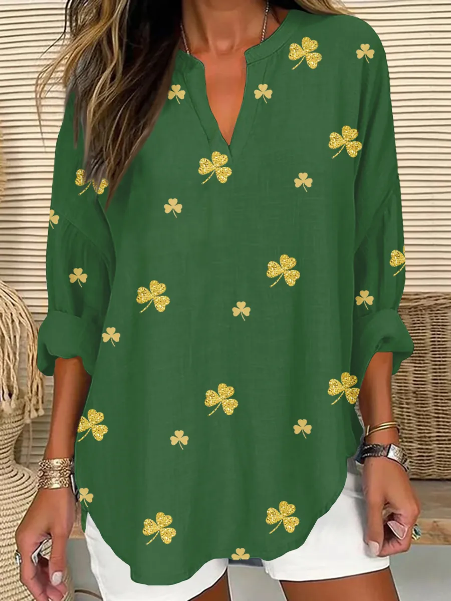St Patrick's Day Shamrock Printed Casual Long Sleeve V-Neck Shirt