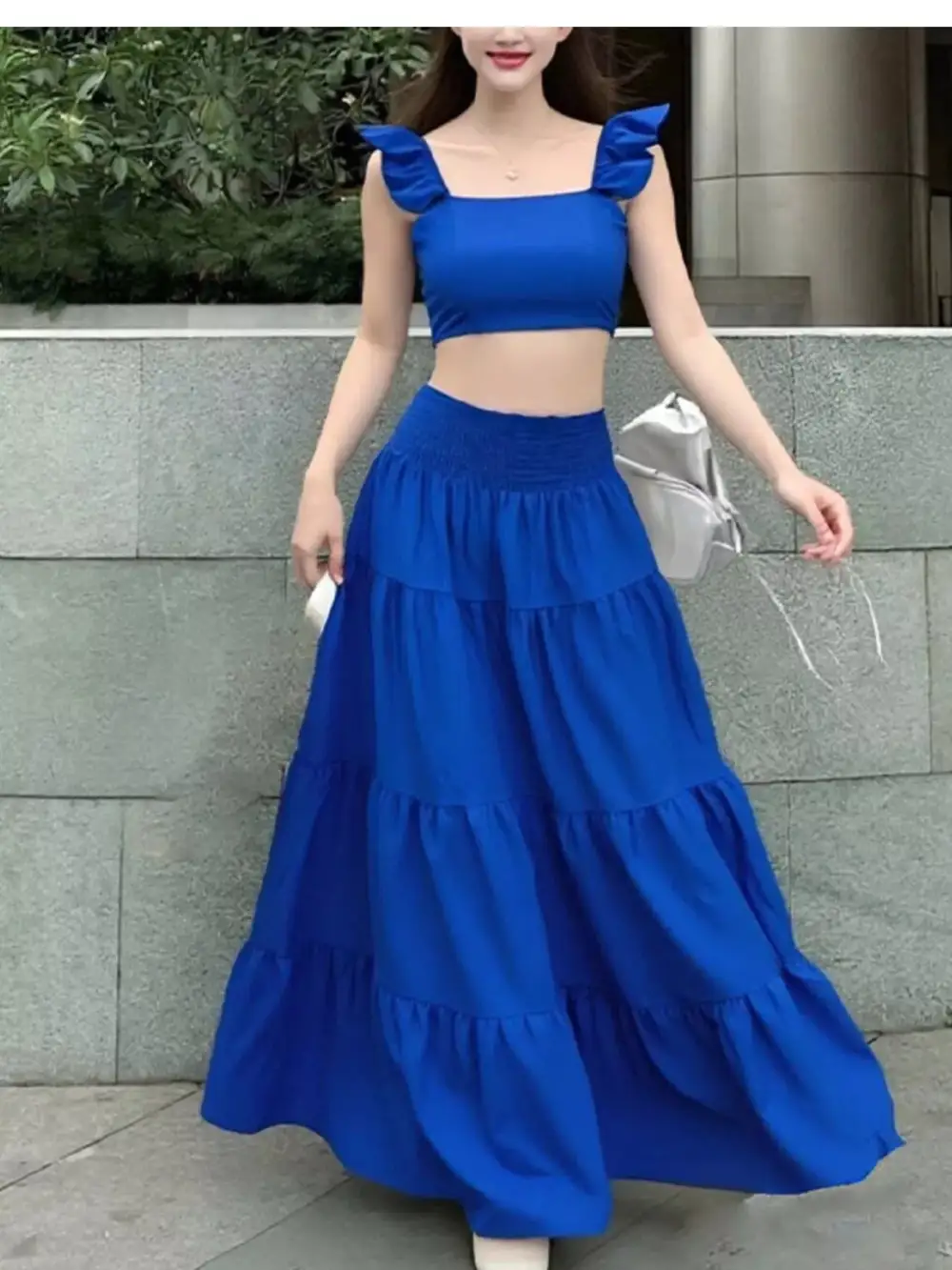 Crop Top Tiered Maxi Skirt Set