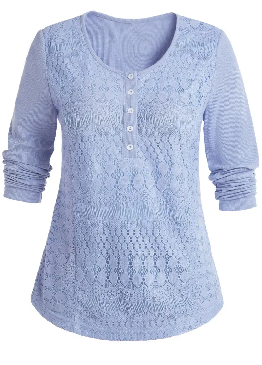 Light Purple Lace Long Sleeve Round Neck Blouse