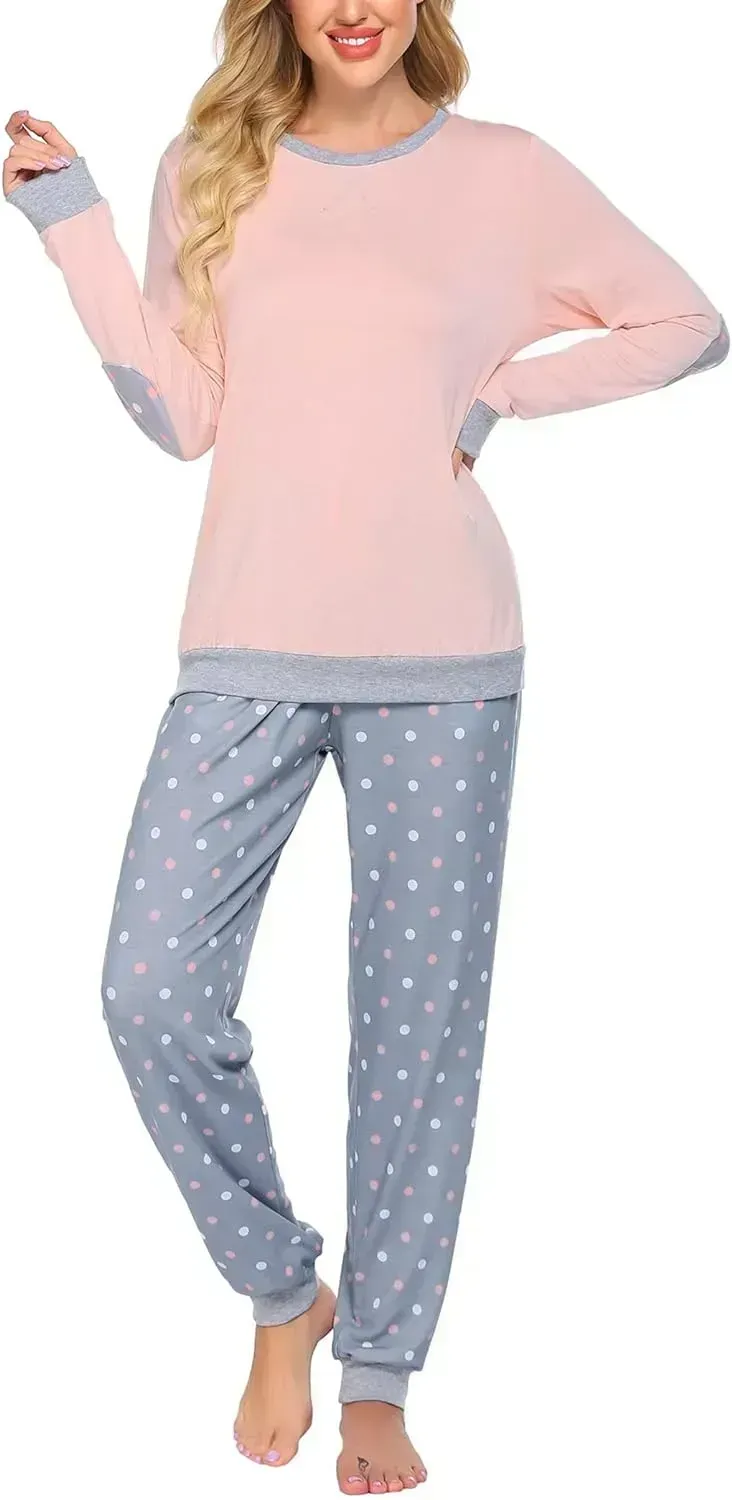Women's Pajamas Sets Long Sleeve with Plaid Pants Soft Sleepwear O Neck 2 Piece Pjs Joggers Loung Set with Pockets