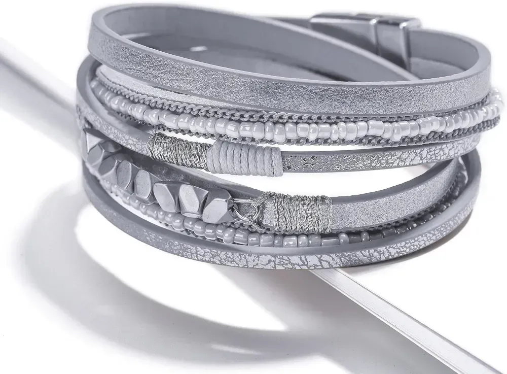 Fesciory Leather Wrap Bracelets for Women, Boho Leopard Multi-Layer Crystal Beads Cuff Bracelet Jewelry