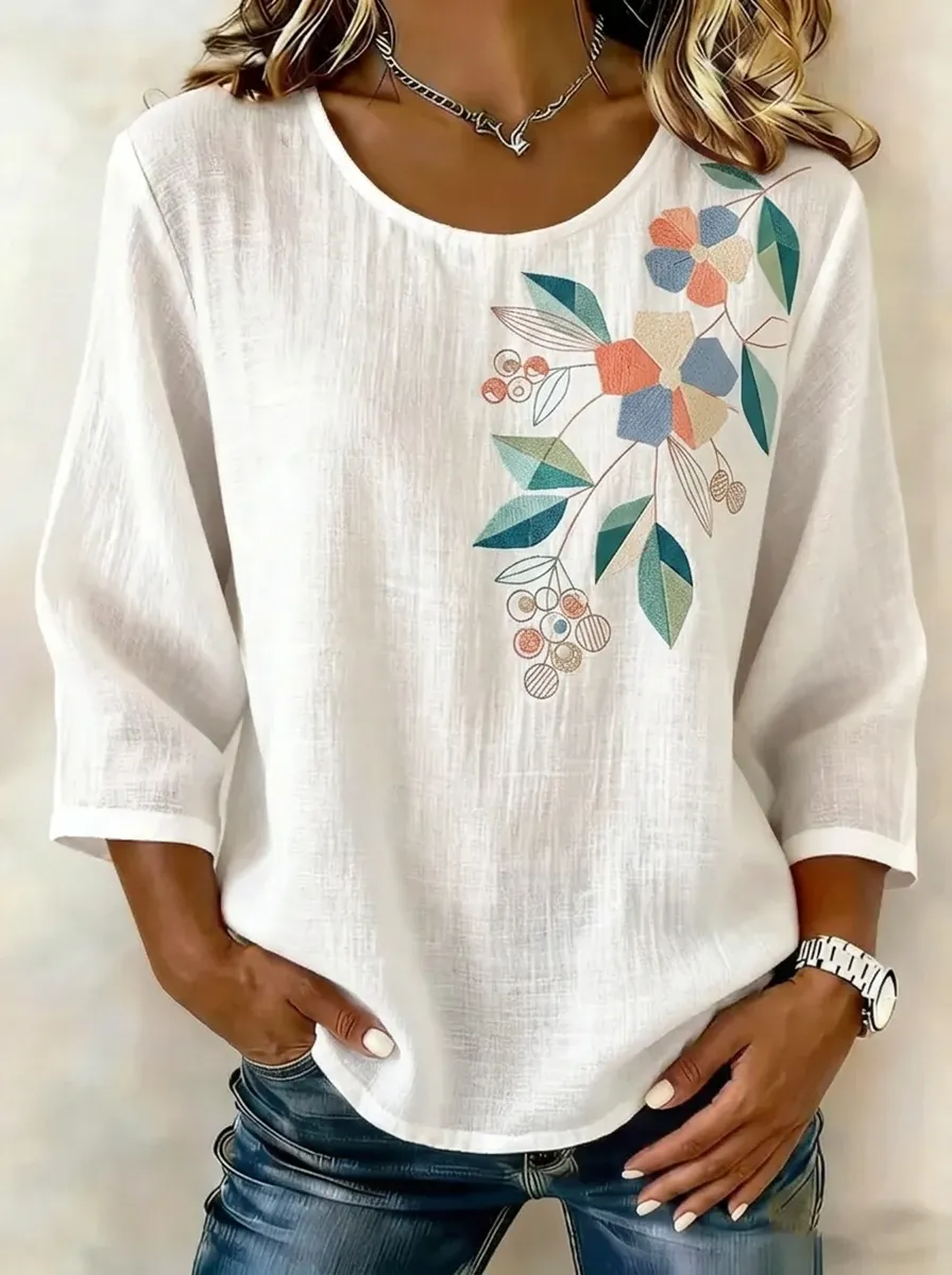 Women's Nashville Floral Botanical Printed Linen Blend Top