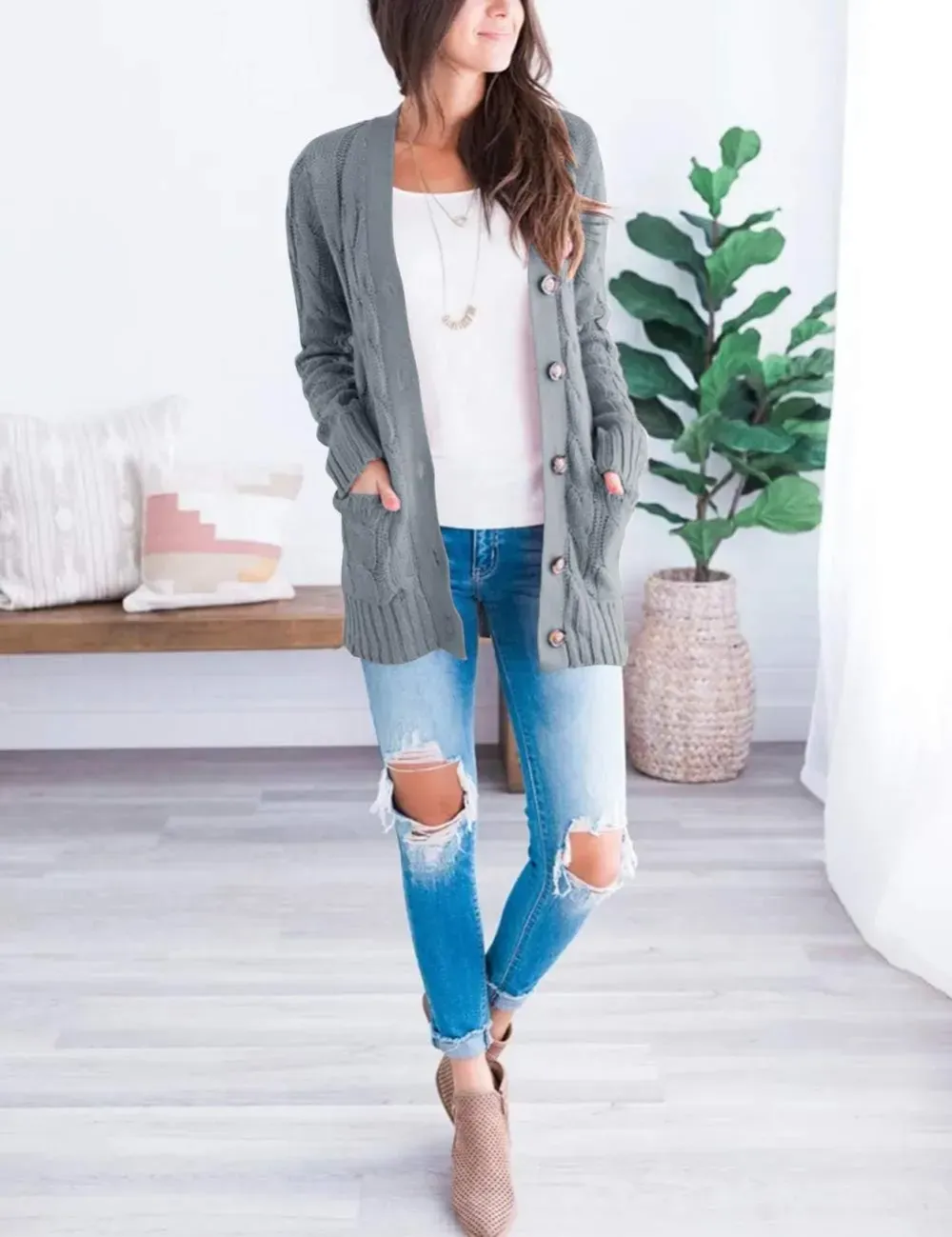 MEROKEETY Women's 2024 Fall Long Sleeve Cable Knit Sweater Open Front Cardigan Button Loose Outerwear