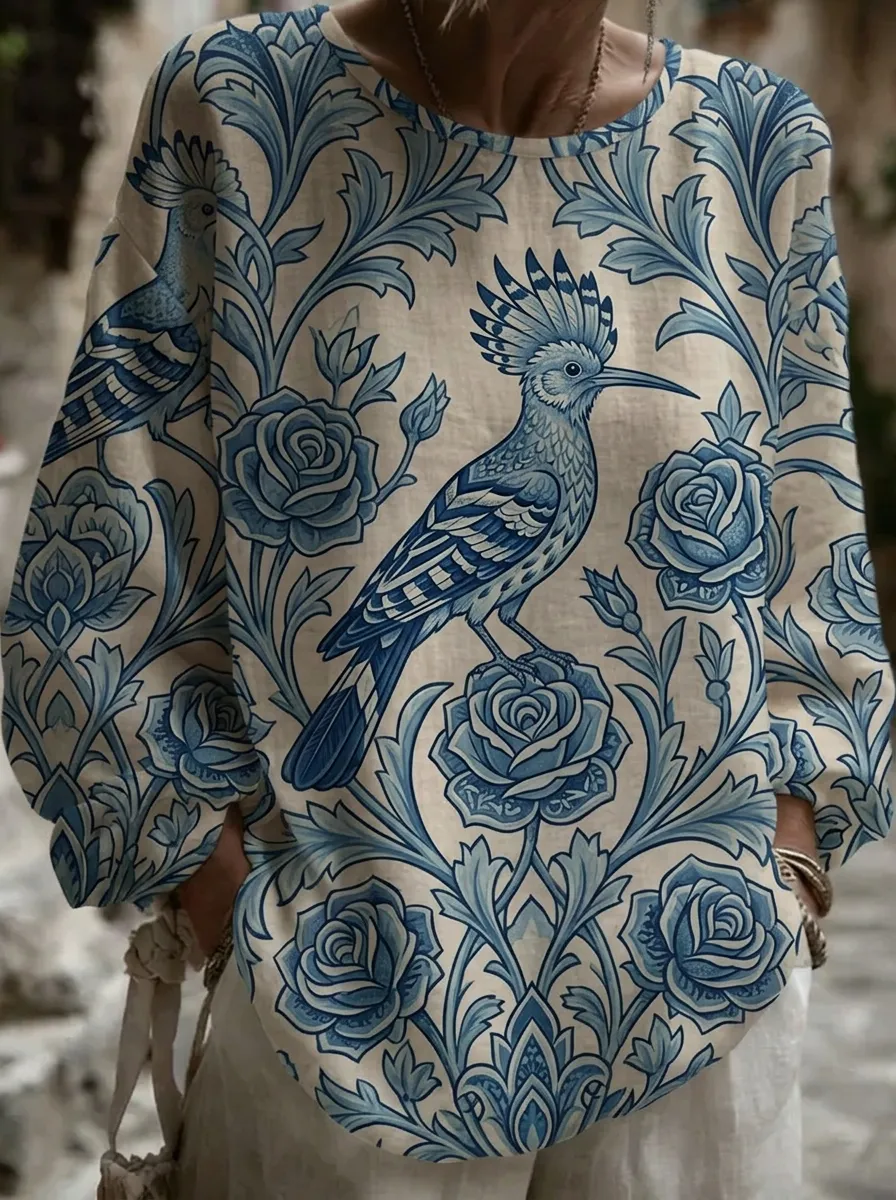 Women's Nashville Bird Floral Pattern Printed Top