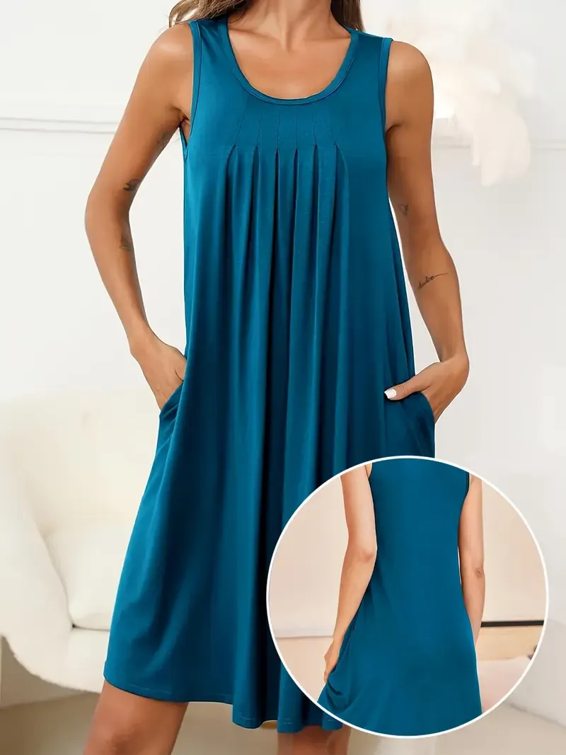 Solid Crew Neck Pleated Dress, Casual Sleeveless Loose Dress