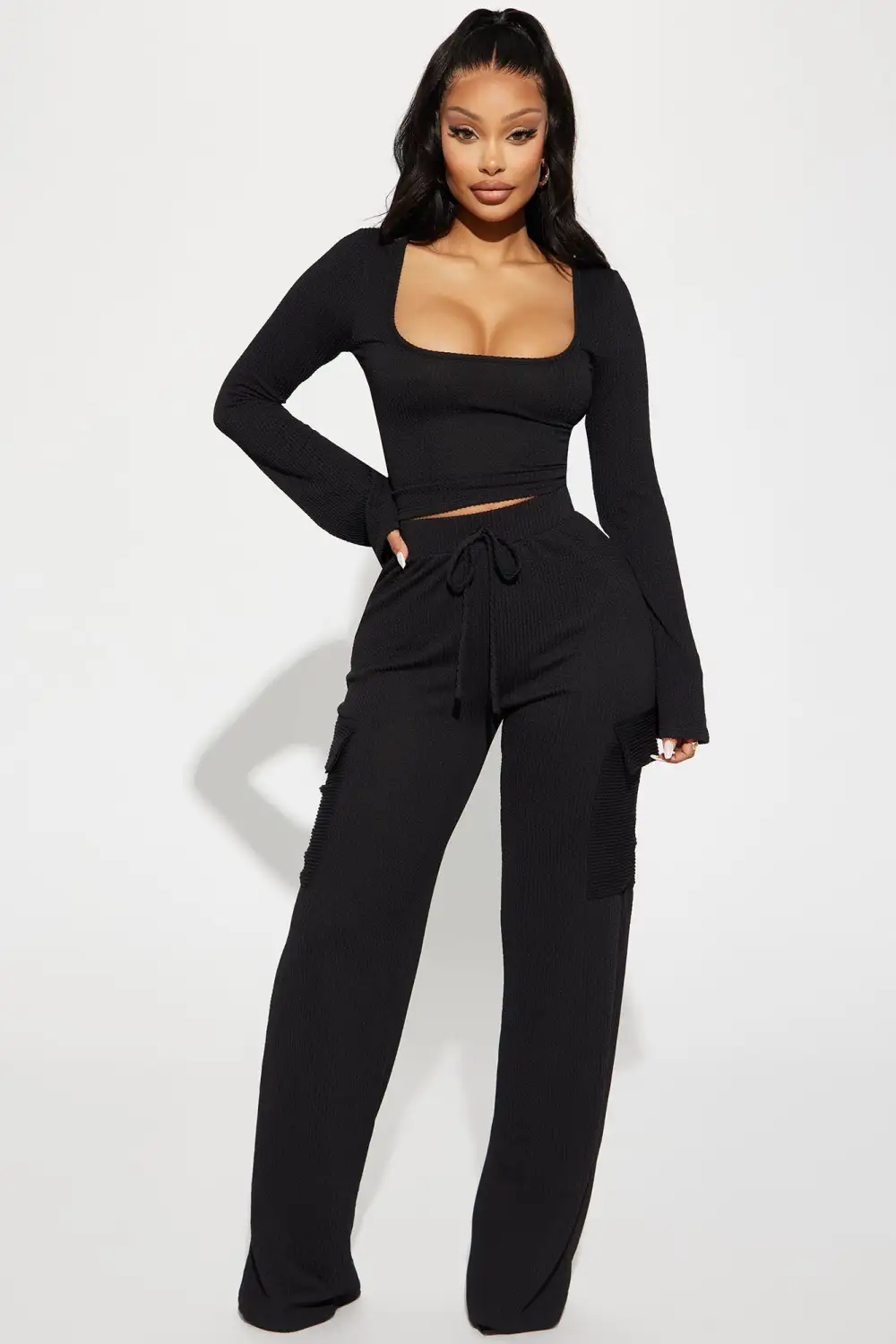 Nobody Like Me Ribbed Pant Set - Black