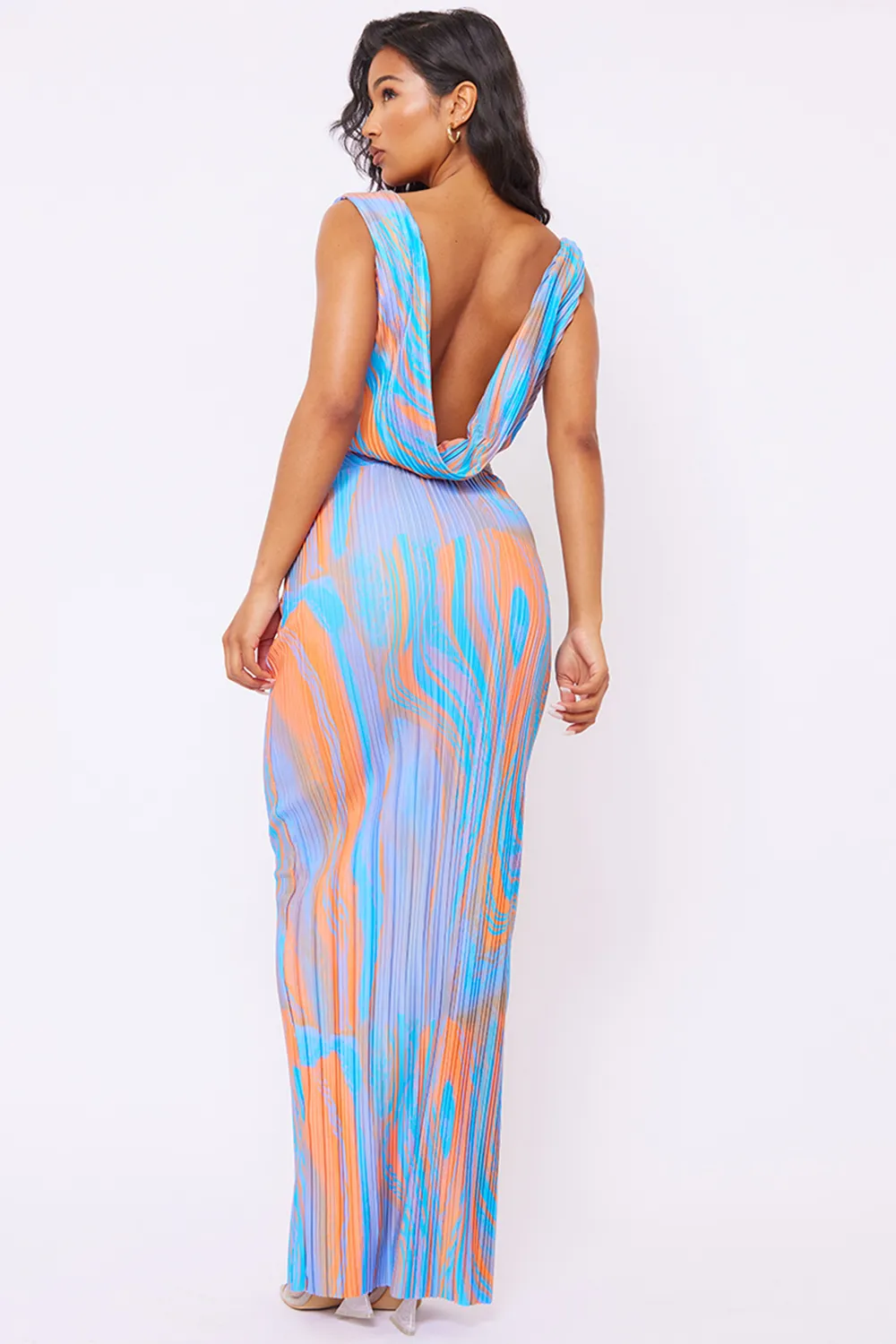 Orange Abstract Print Plisse Cowl Plunge Maxi Dress