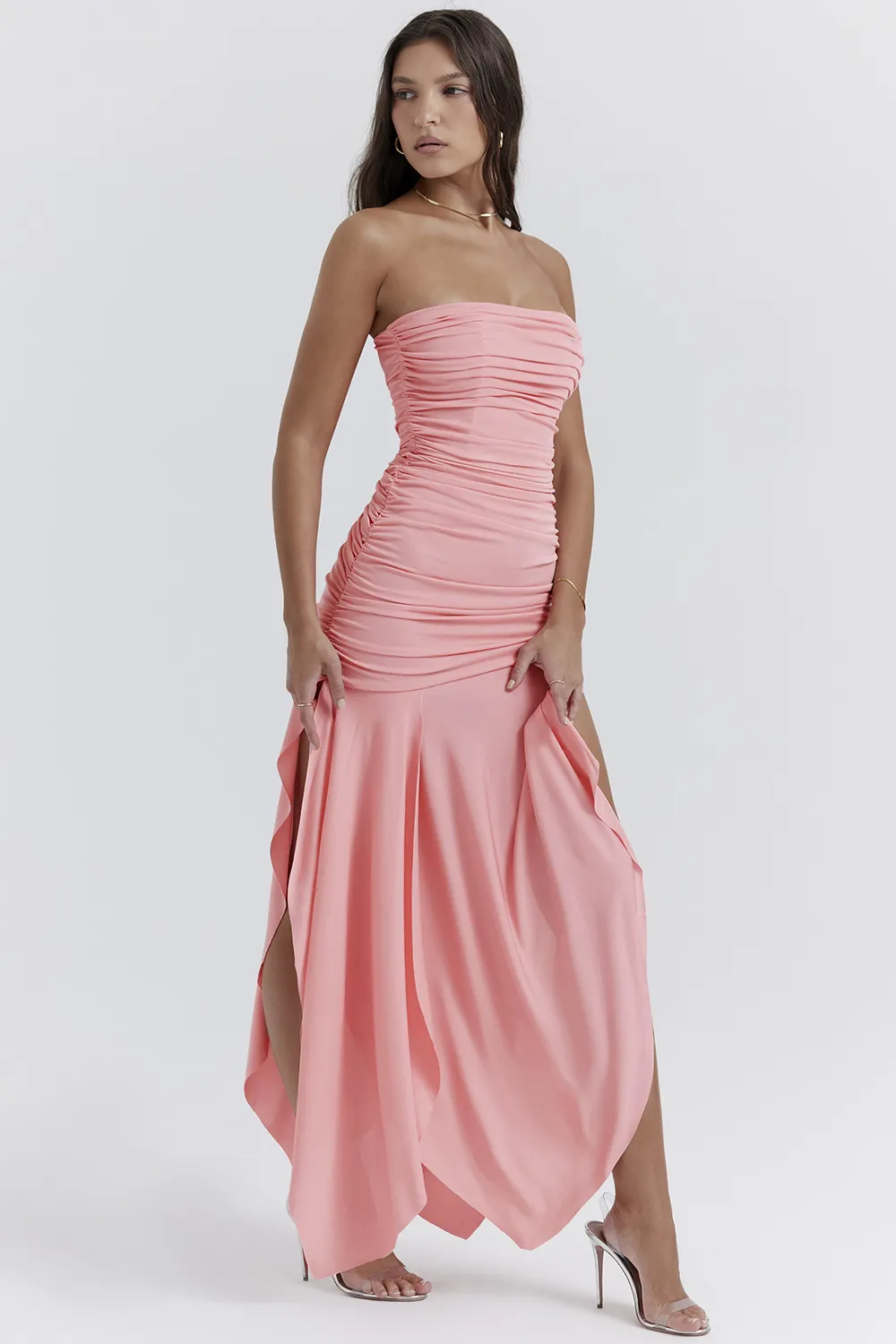 PINK GATHERED ASYMMETRIC DRESS
