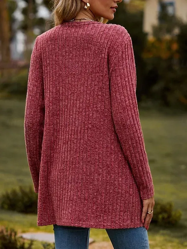 Women's Cardigan Casual Solid Color Plain Ribbed Asymmetrical V Neck Buttons Pocket Twisted Long Sleeve Regular Tops Knit Daily Wine Army Green Spring Fall