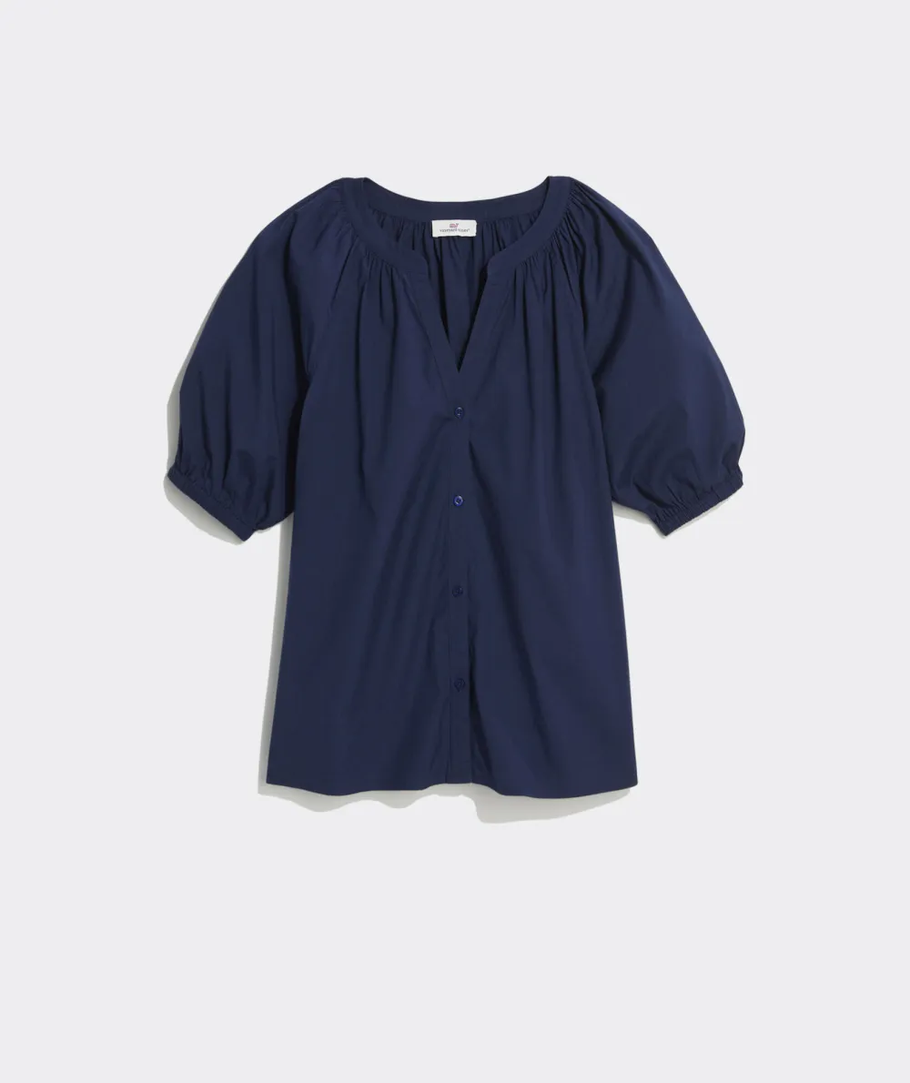 Poplin Button-Front Raglan Top