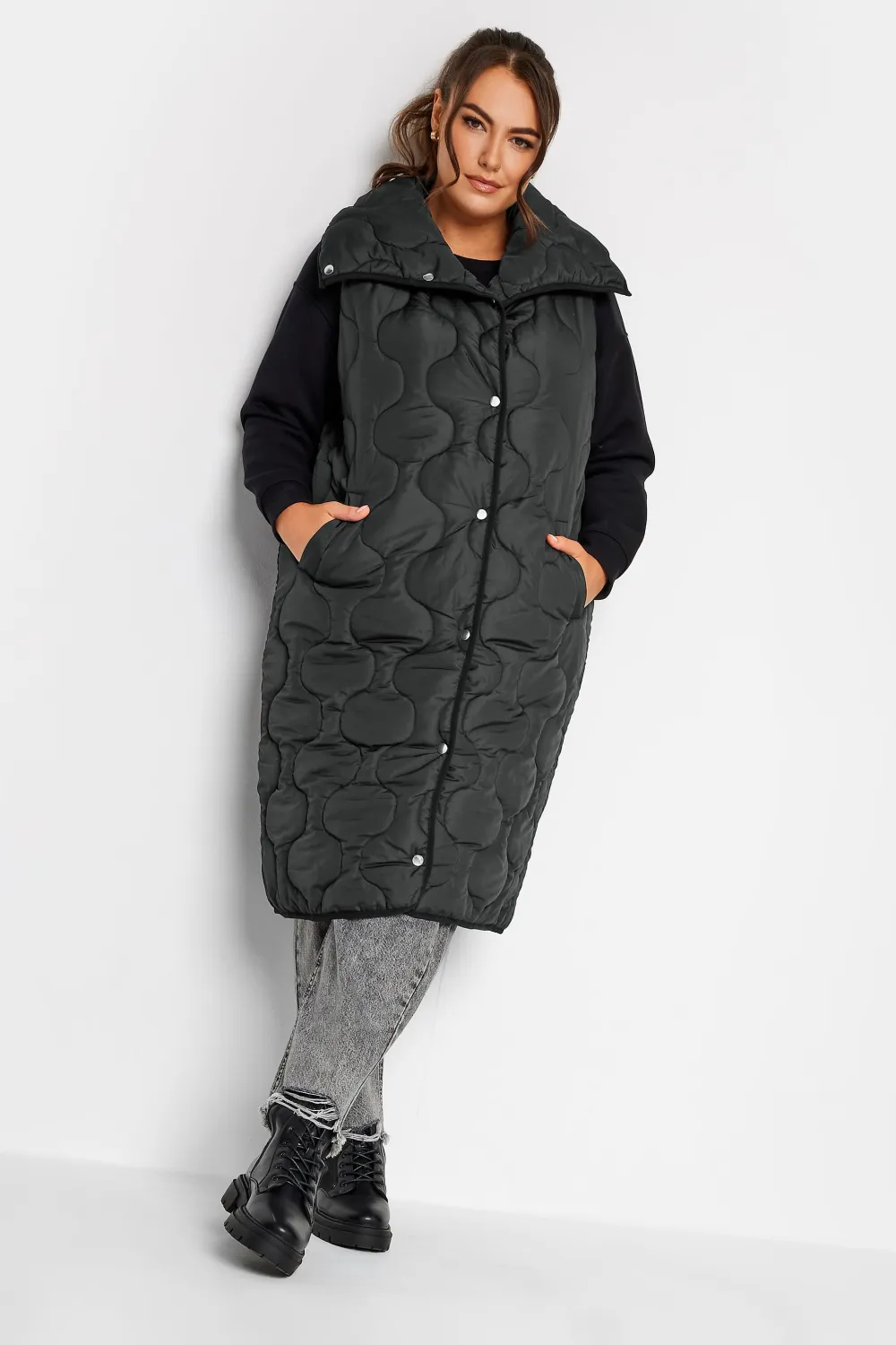 YOURS Curve Olive Green Funnel Neck Quilted Longline Gilet