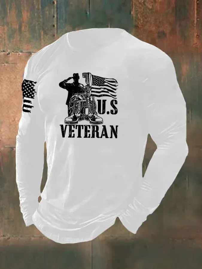 Men's US Veteran Pattern Long Sleeve 100% Cotton T-Shirt