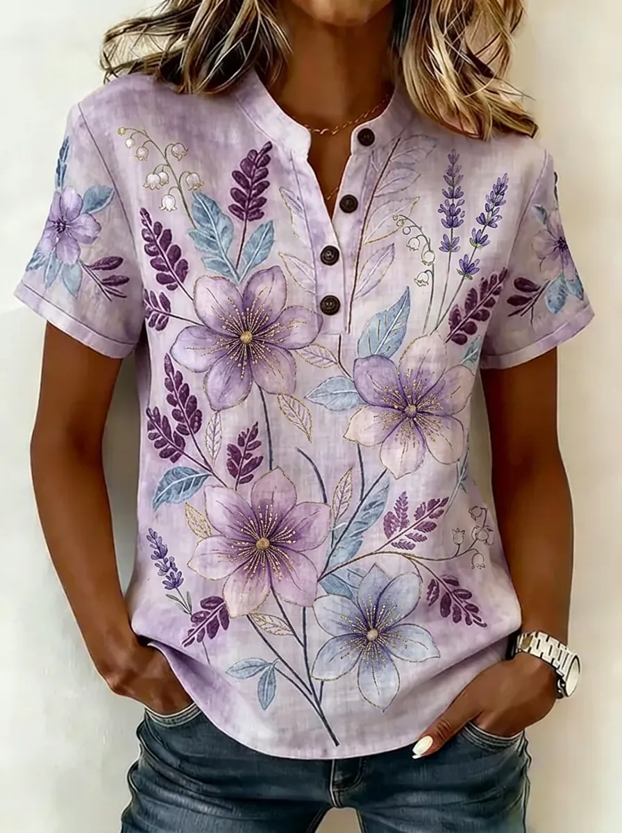 Women's Nashville Floral Lavender Printed Button Henley Shirt