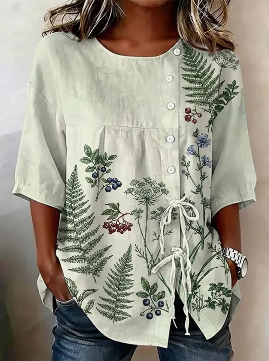 Women's Nashville Botanical Fern Berry Printed Button-Up Top