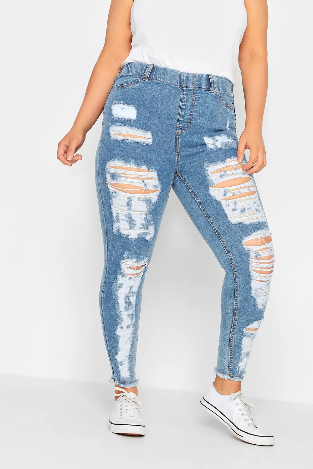 YOURS Curve Washed Blue Frayed Ripped Stretch GRACE Jeggings