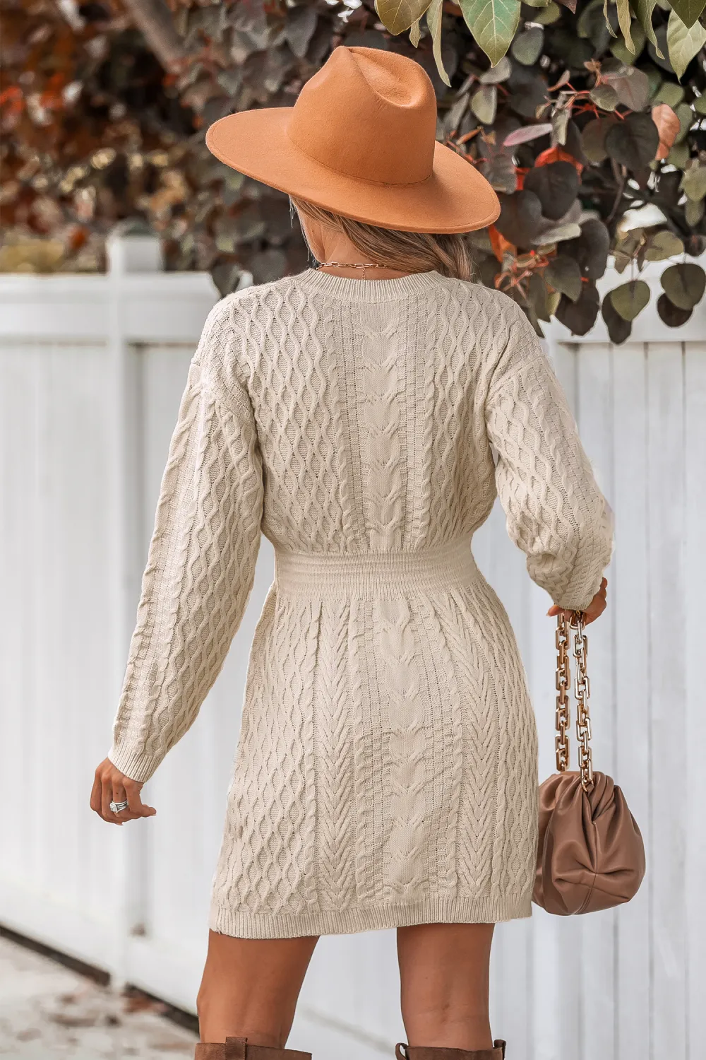 V-Neck Ribbed Cable Knit Sweater Dress