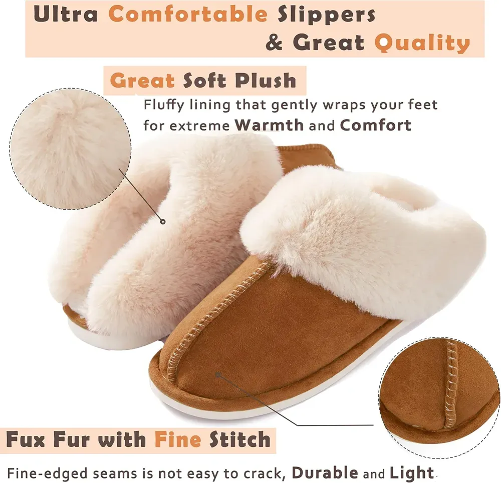 Womens Slipper with Memory Foam Fluffy Soft Warm Slip On House Slippers Anti-Skid Cozy Plush for Indoor Outdoor