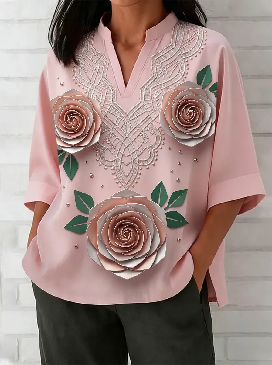 Women's Nashville Floral 3D Rose Printed V-neck Top