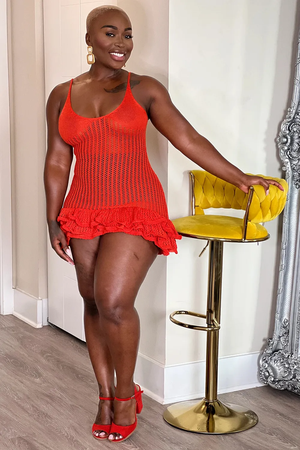 Knitted mini ruffled hem dress