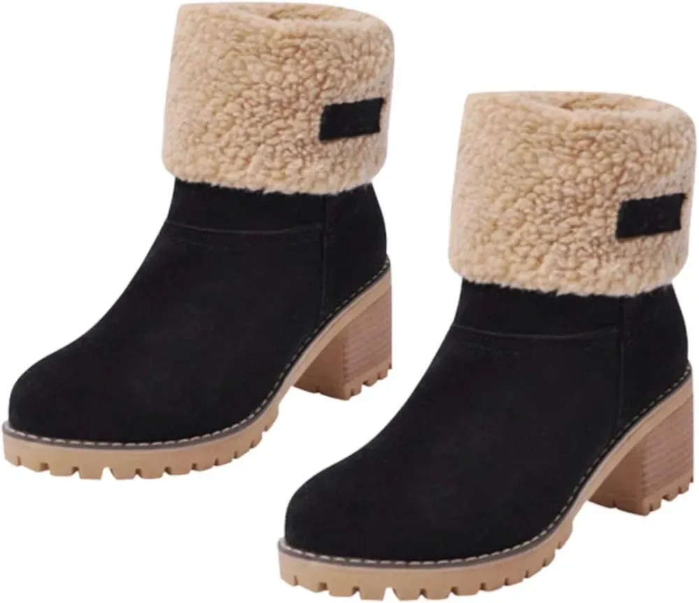 Women Snow Boots Winter Faux Fur Warm, Outdoor Hiking Booties Casual Fashion Soft Waterproof Windproof insulated Mid Calf Boots, Comfortable Thick Plush Keep Warm Shoes (Black 1,7)