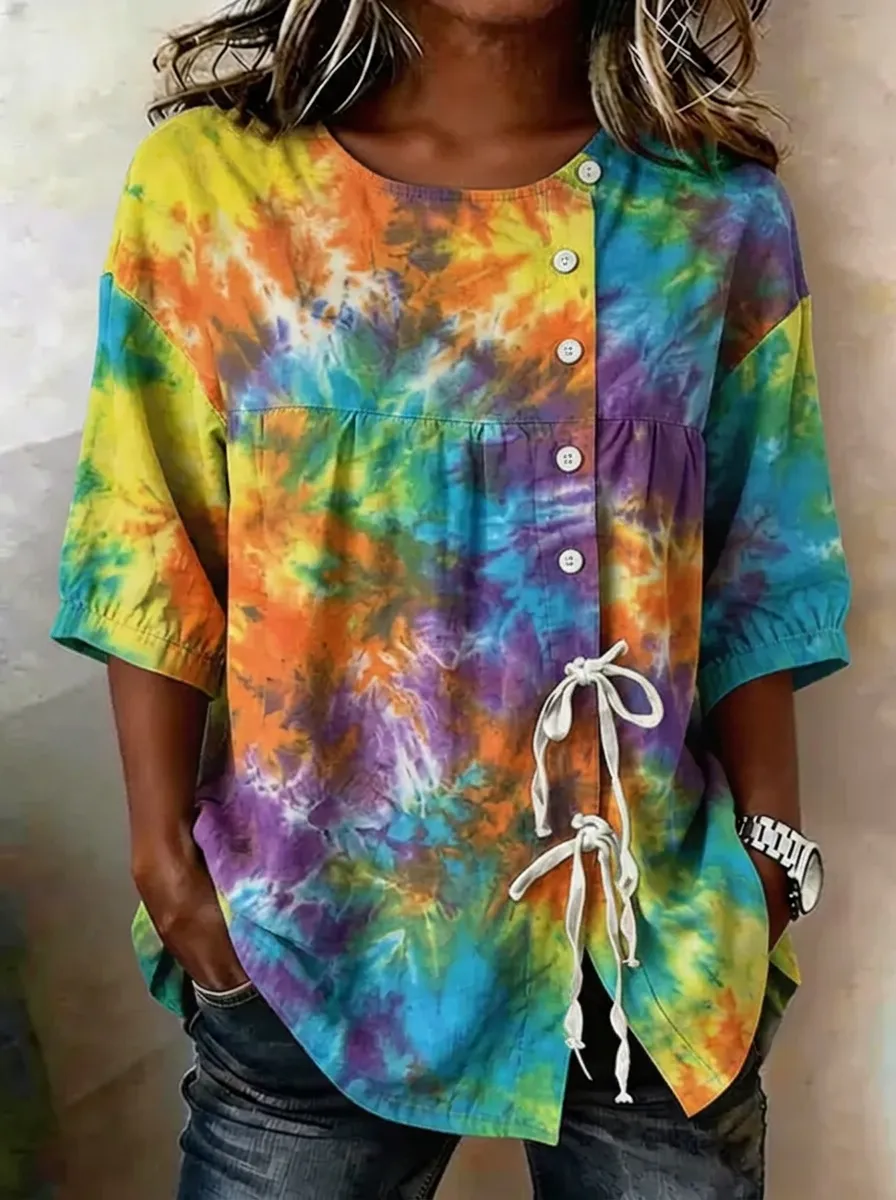 Women's Nashville Music Lover Tie-Dye Printed Button-Down Top