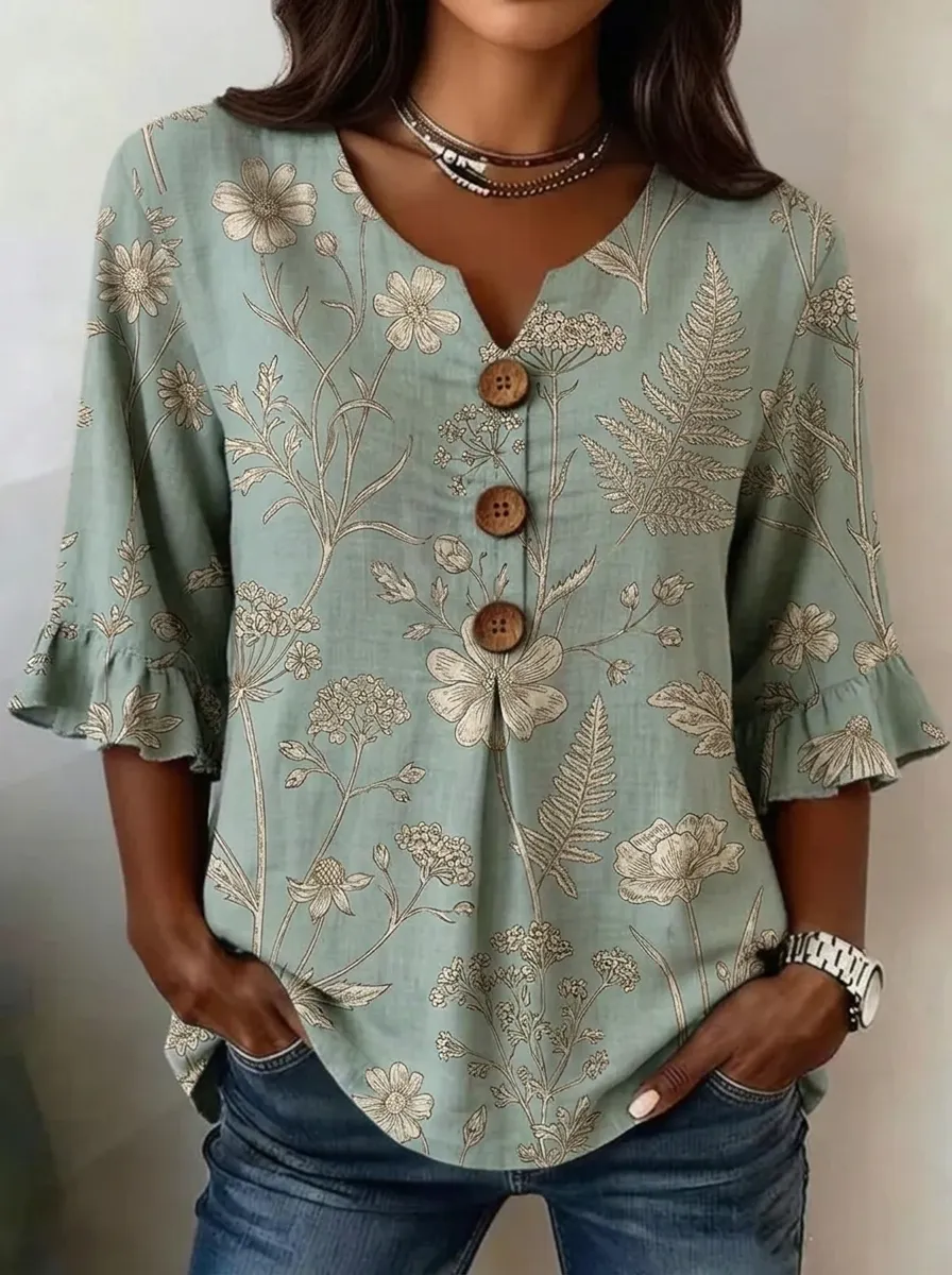 Women's Nashville Botanical Floral Printed V-Neck Button Top