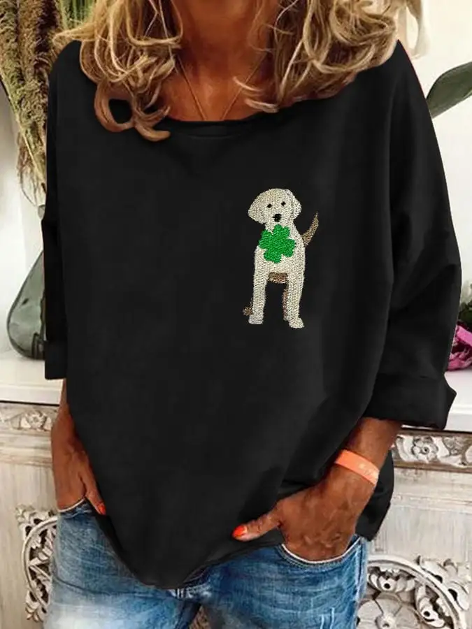 Women's St. Patrick's Day Clover Dog Print T-Shirt