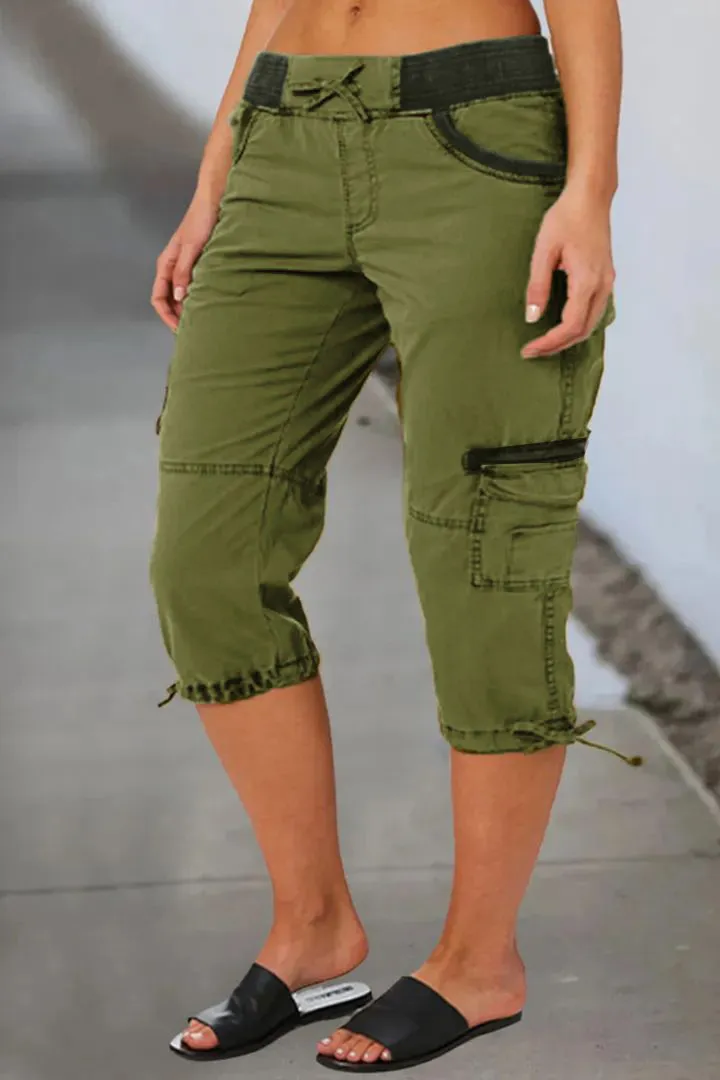 Drawstring Waist Flap Pocket Design Capris Pants