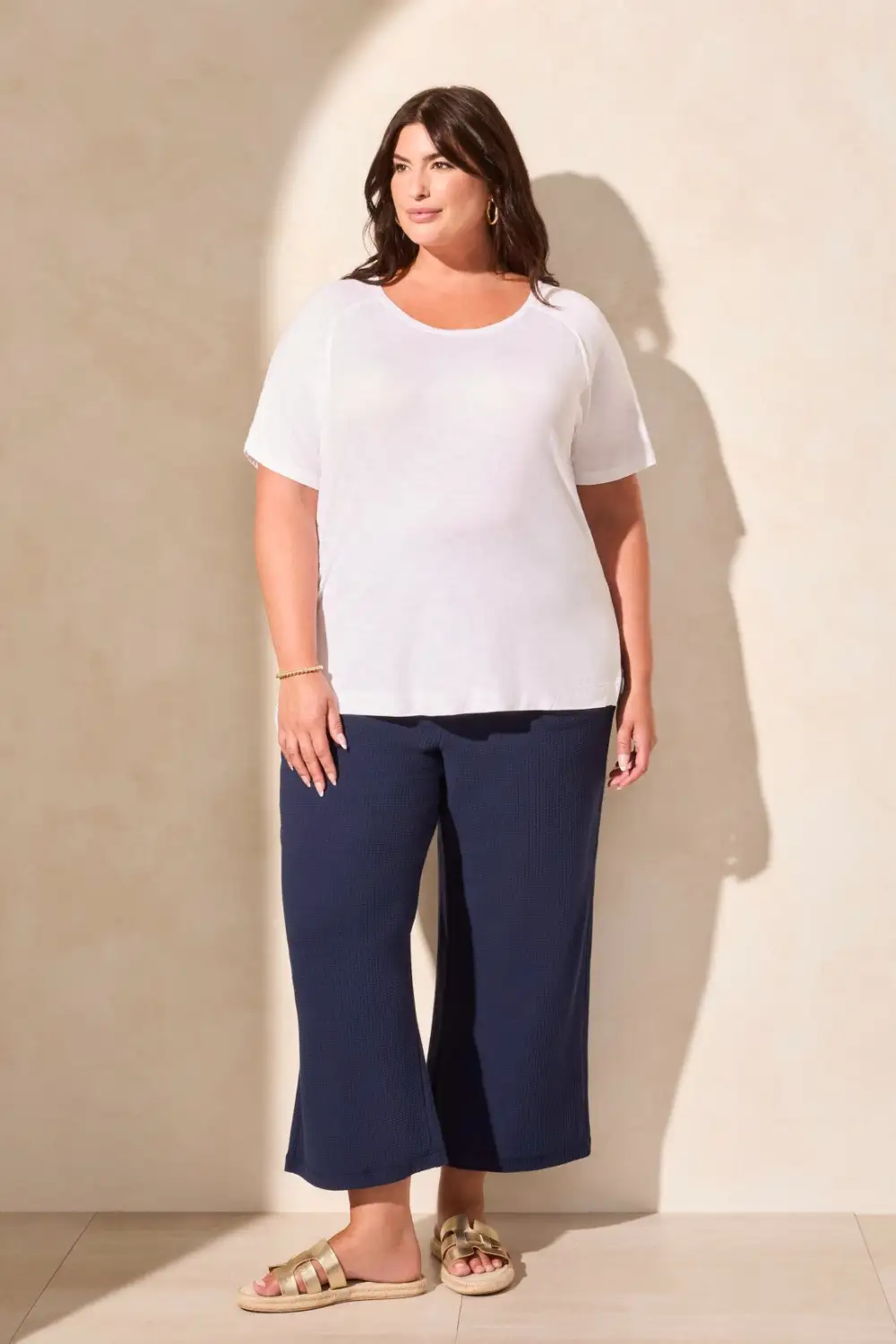 FLOWY JERSEY CREW NECK TOP WITH SHIRRED BACK-White