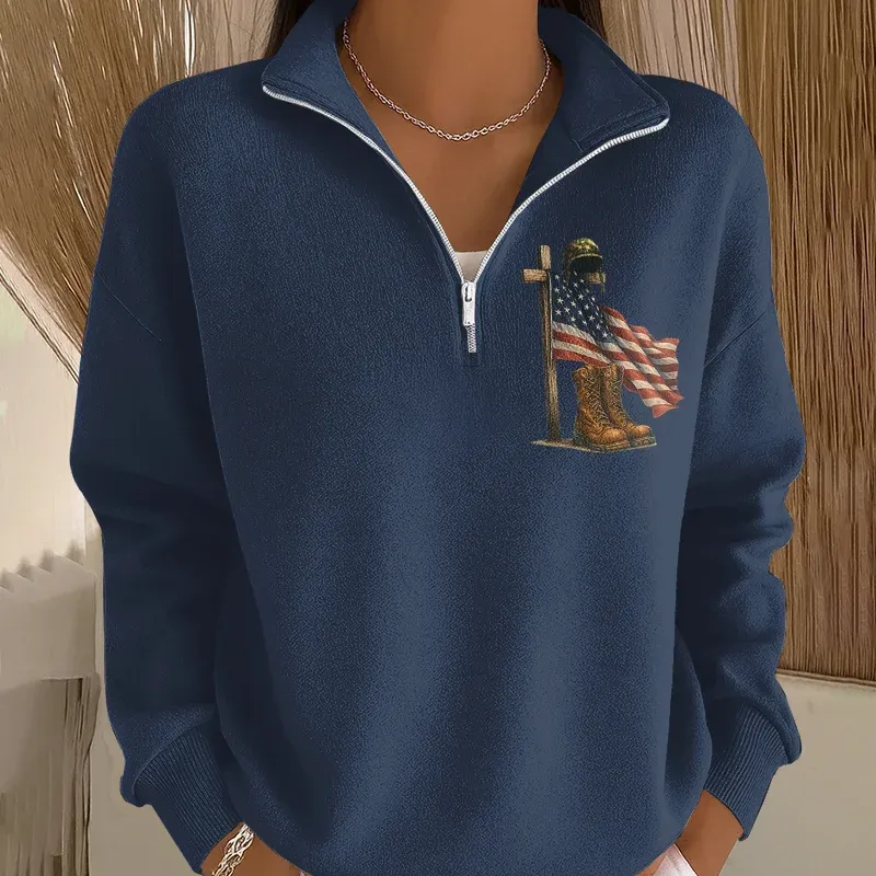 Women's Veteran Art Print Casual Zip-Up Sweatshirt