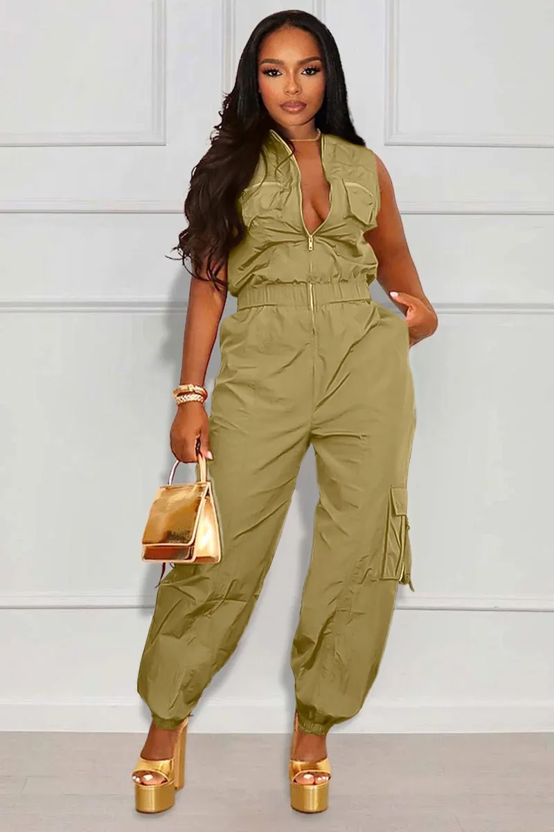 Sleeveless Zipper Elastic Waist Pocket Jogger Leg Jumpsuit-Orange