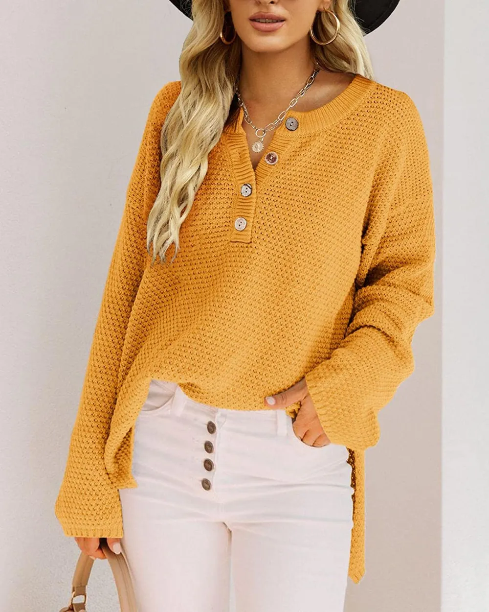 Women's Oversized Sweaters Batwing Long Sleeve Loose V Neck Button Henley Tops Pullover Knit Jumper