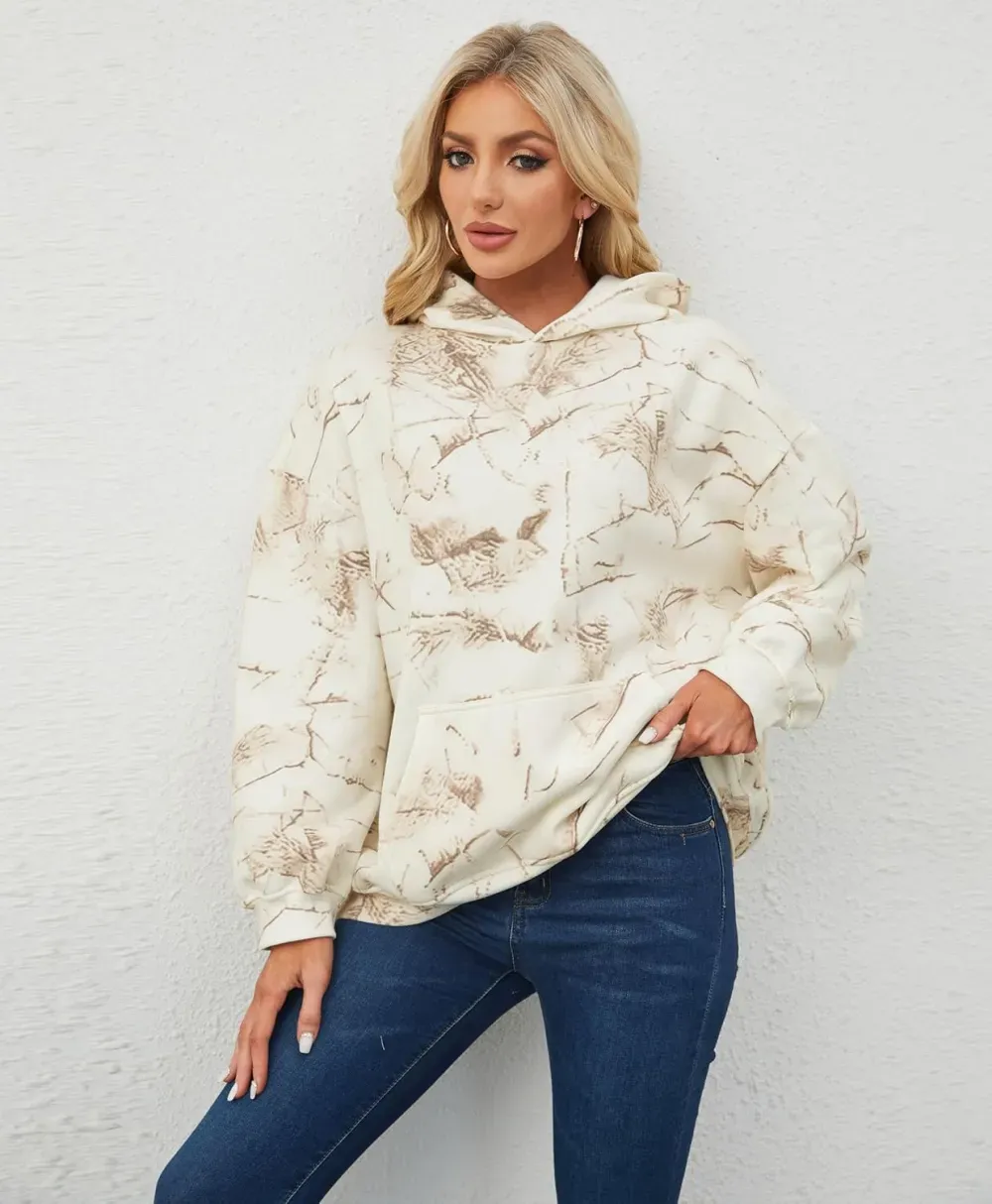 Womens Camo Hoodies Maple Leaf Print Oversized Hooded Sweatshirt Fleece Pullover Sweatshirts Long Sleeve with Pocket