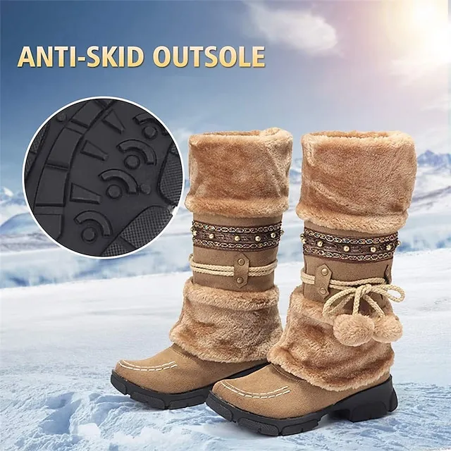 Women's Boots Snow Boots Plus Size Outdoor Daily Fleece Lined Knee High Boots Winter Bowknot Pom-pom Chunky Heel Round Toe Casual Industrial Style PU Lace-up Black Purple Brown