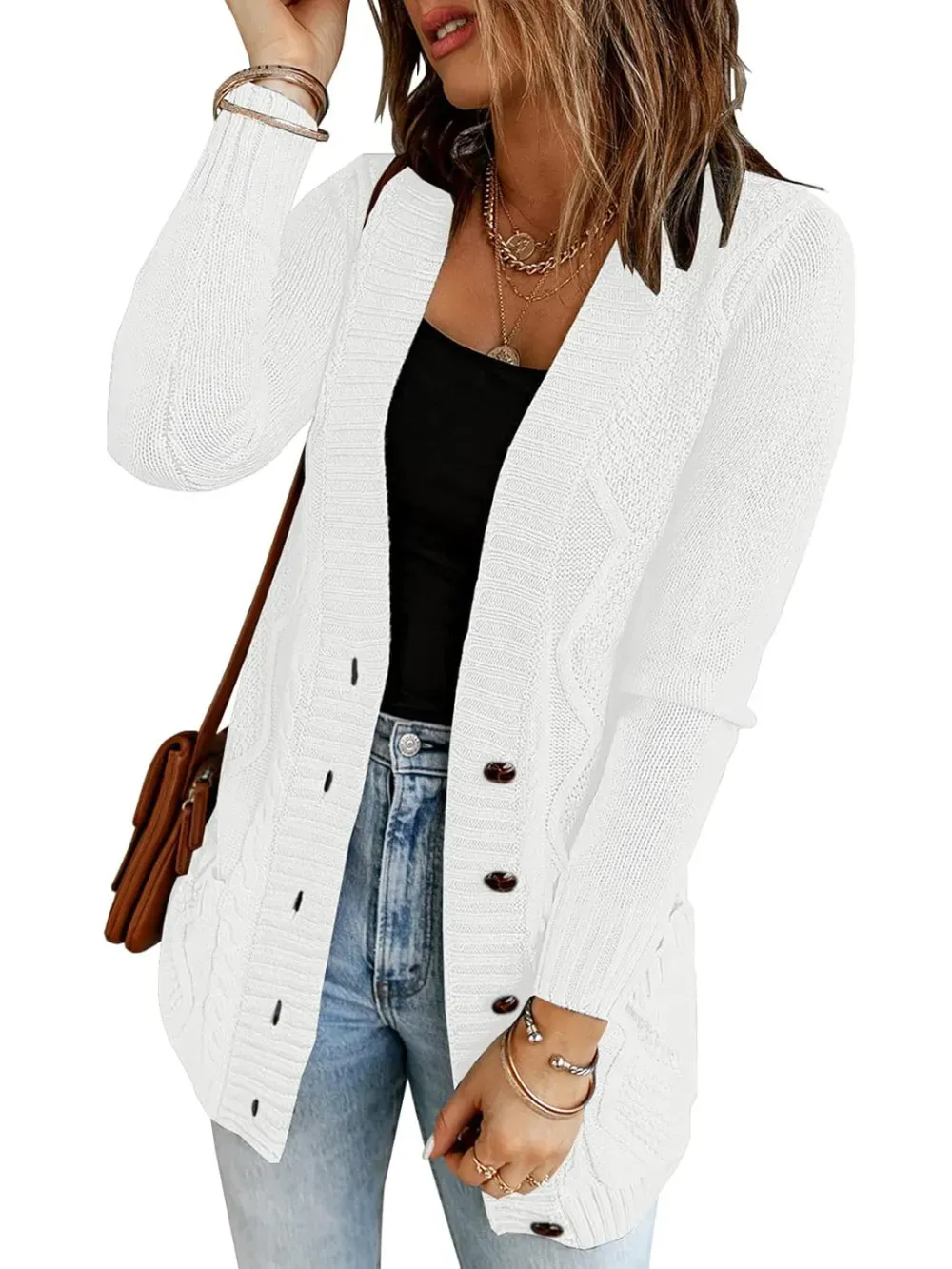 Womens Long Sleeve Open Front Buttons Cable Knit Pocket Sweater Cardigan