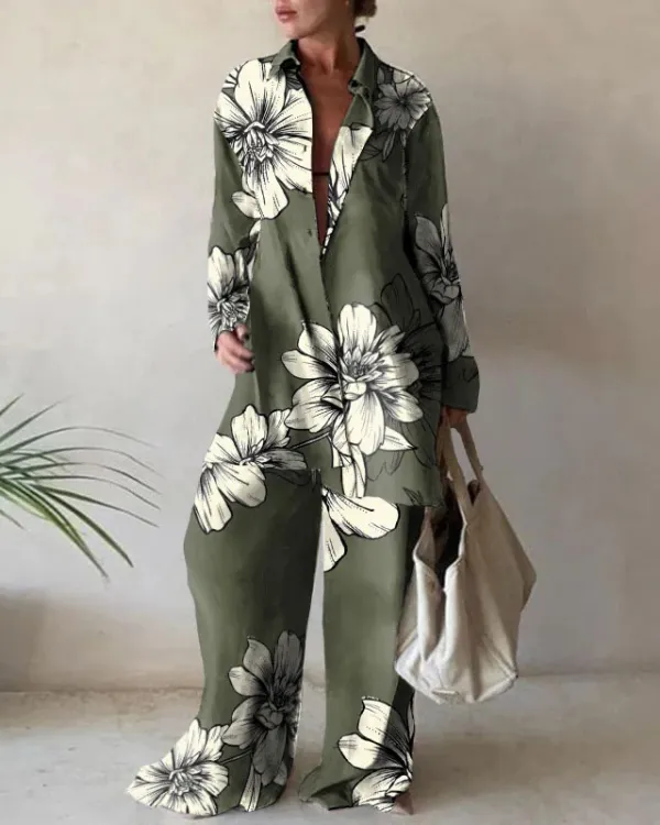 Fashion Print Loose Long Sleeve Shirt + Straight Pants Two Piece Set