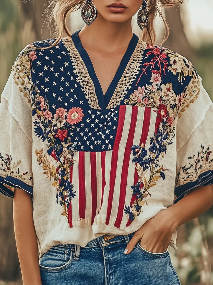 Women's Vintage Independence Day Flag Floral Embroidery Print V-neck T-shirt