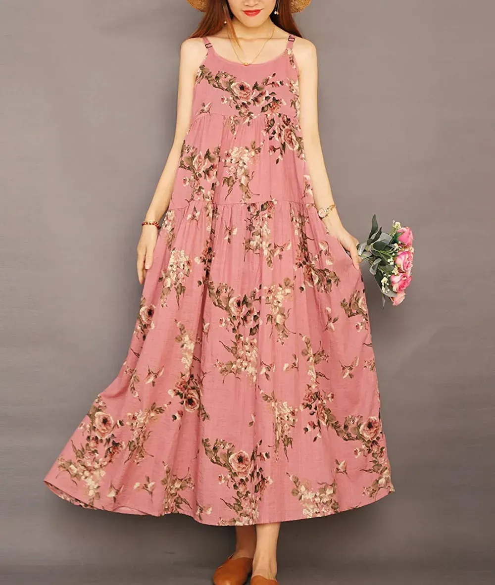 Summer Dresses for Women Casual Loose Bohemian Floral Dress with Pockets Spaghetti Strap Maxi Dress E75