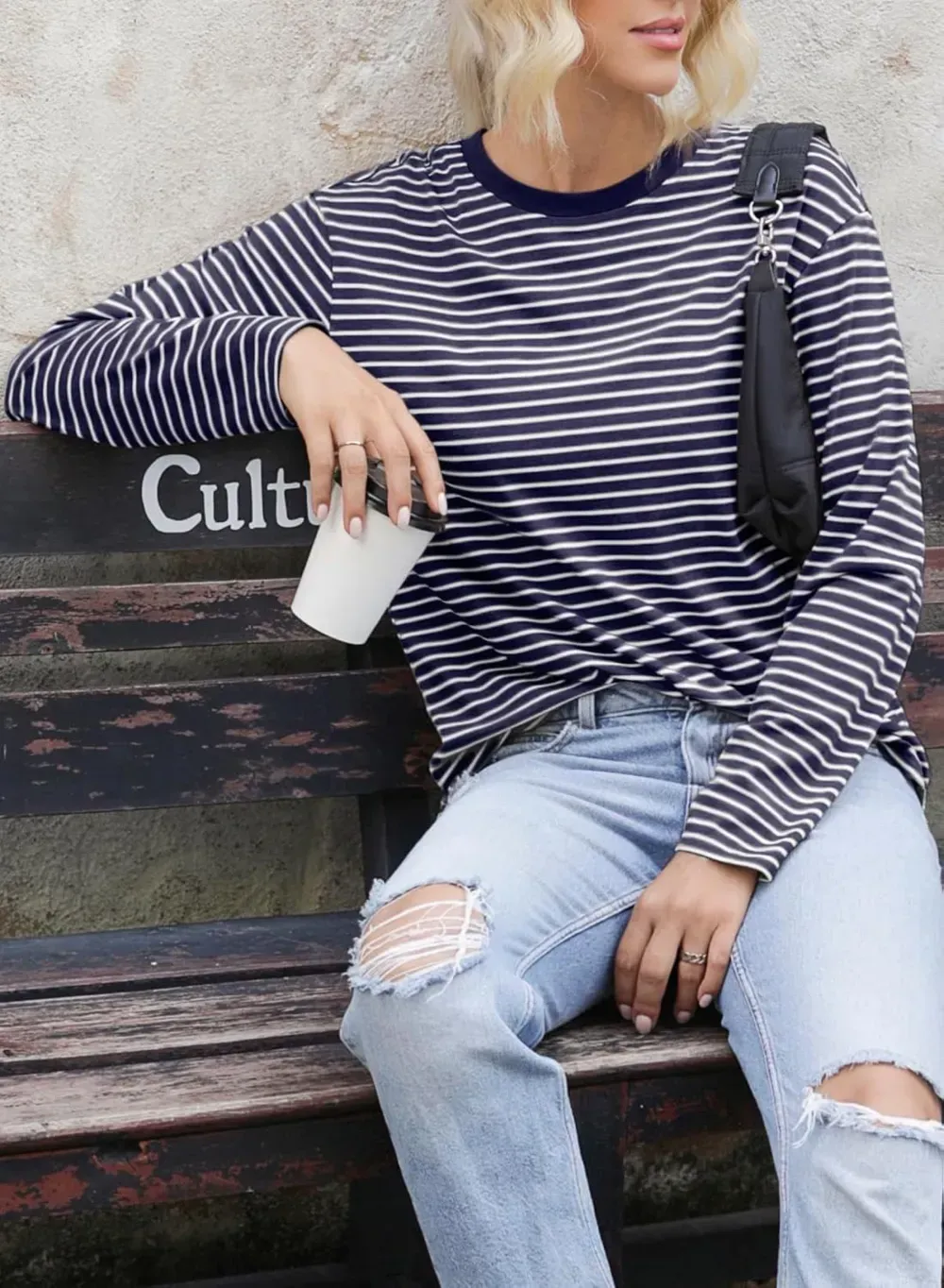 Dokotoo Women's Casual Striped Long Sleeve Tops Crew Neck Knit Ribbed Basic T Shirts