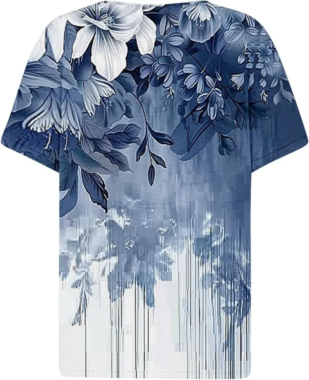 Shirts for Women Casual Printed Summer Tops Short-Sleeved Button V-Neck Tops Blouse Fashion Boho T-Shirts