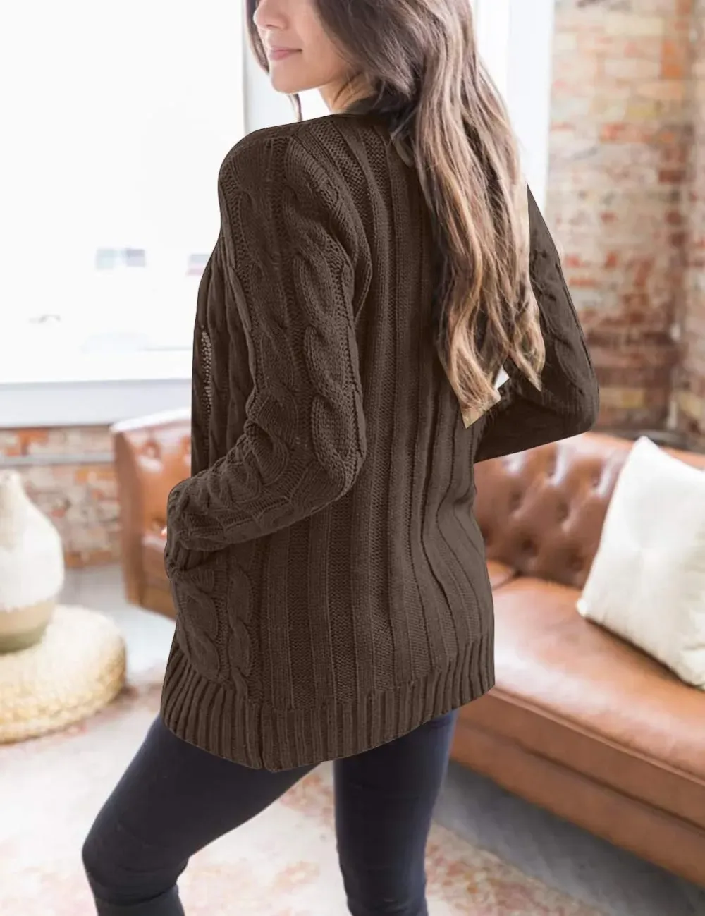 MEROKEETY Women's 2024 Fall Long Sleeve Cable Knit Sweater Open Front Cardigan Button Loose Outerwear