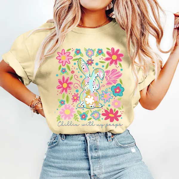 T-shirt Easter Bunny Surrounded By Flowers Women Printed Round Neck Short Sleeve